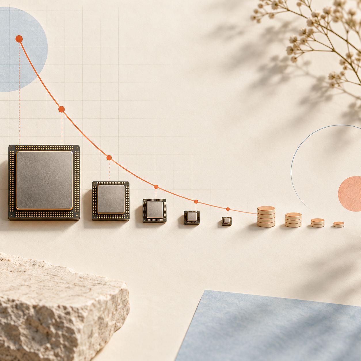 A downward orange cost curve passes over progressively smaller computer chips and stacks of coins on a light technical workspace.