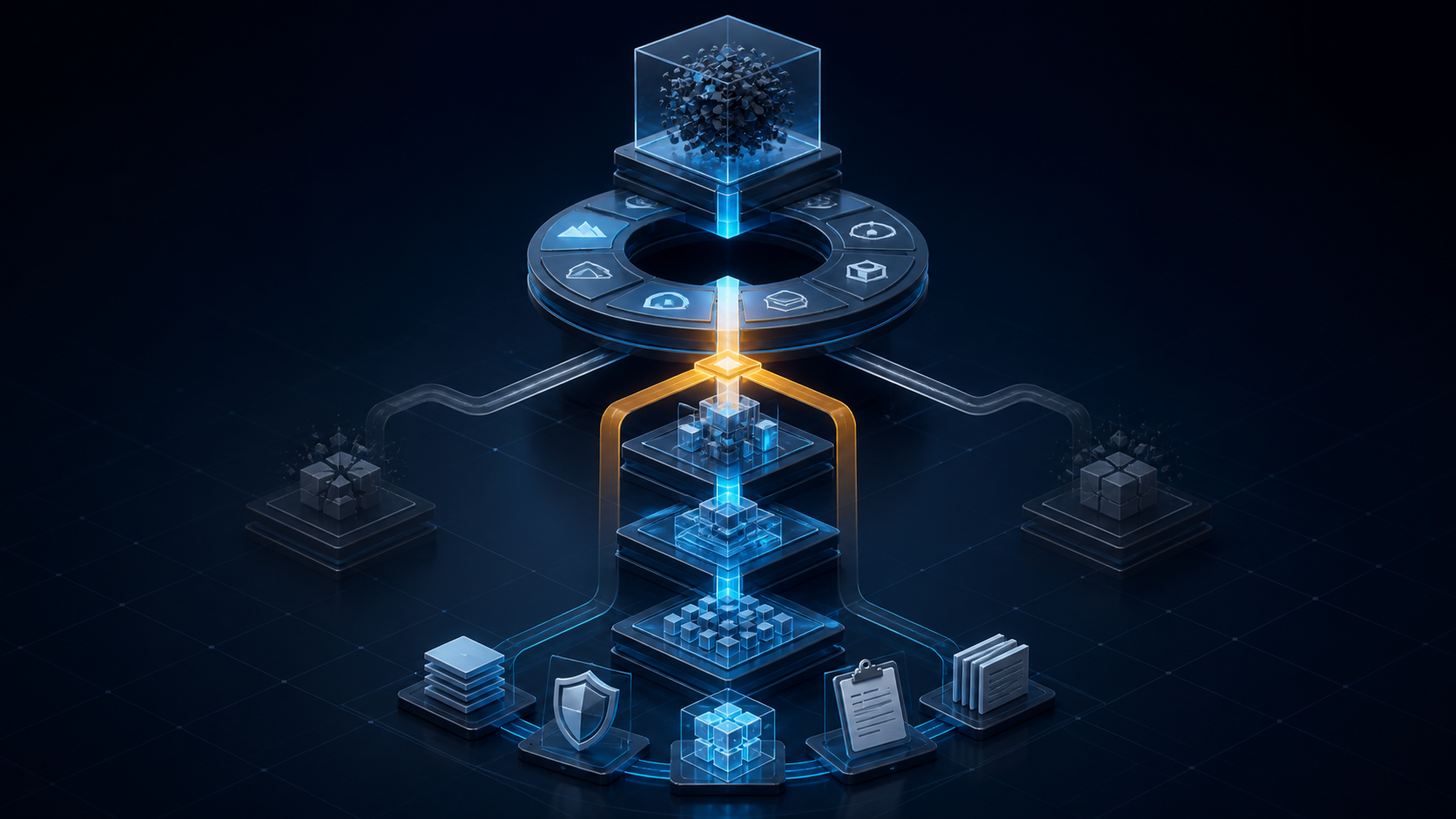 Layered engineering artifacts and branching decision paths representing constraints, trade-offs, implementation, and evidence in a developer portfolio