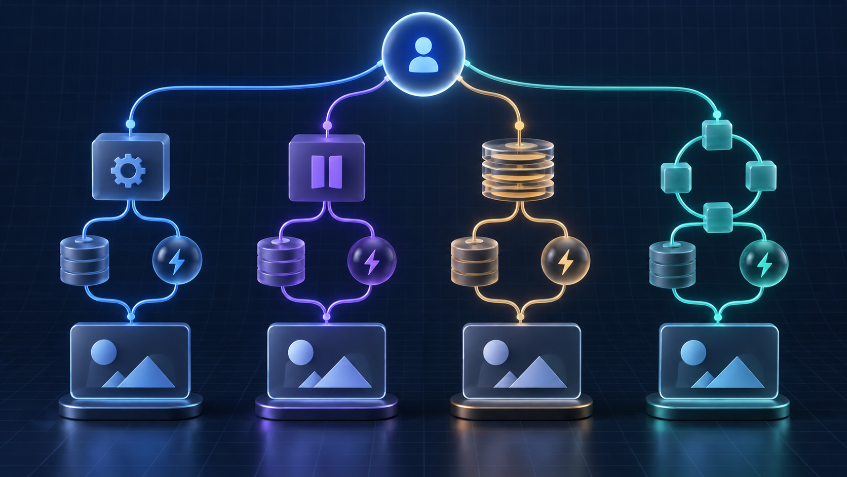 Four equal software architecture paths organizing UI input, state, and side effects without implying that one pattern replaces another