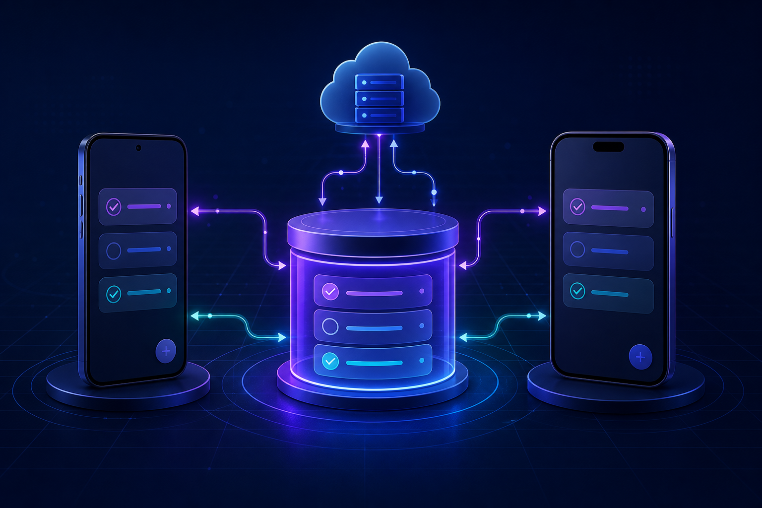 Android and iOS task apps reading from a shared local database while Kotlin Multiplatform synchronizes changes with a remote server