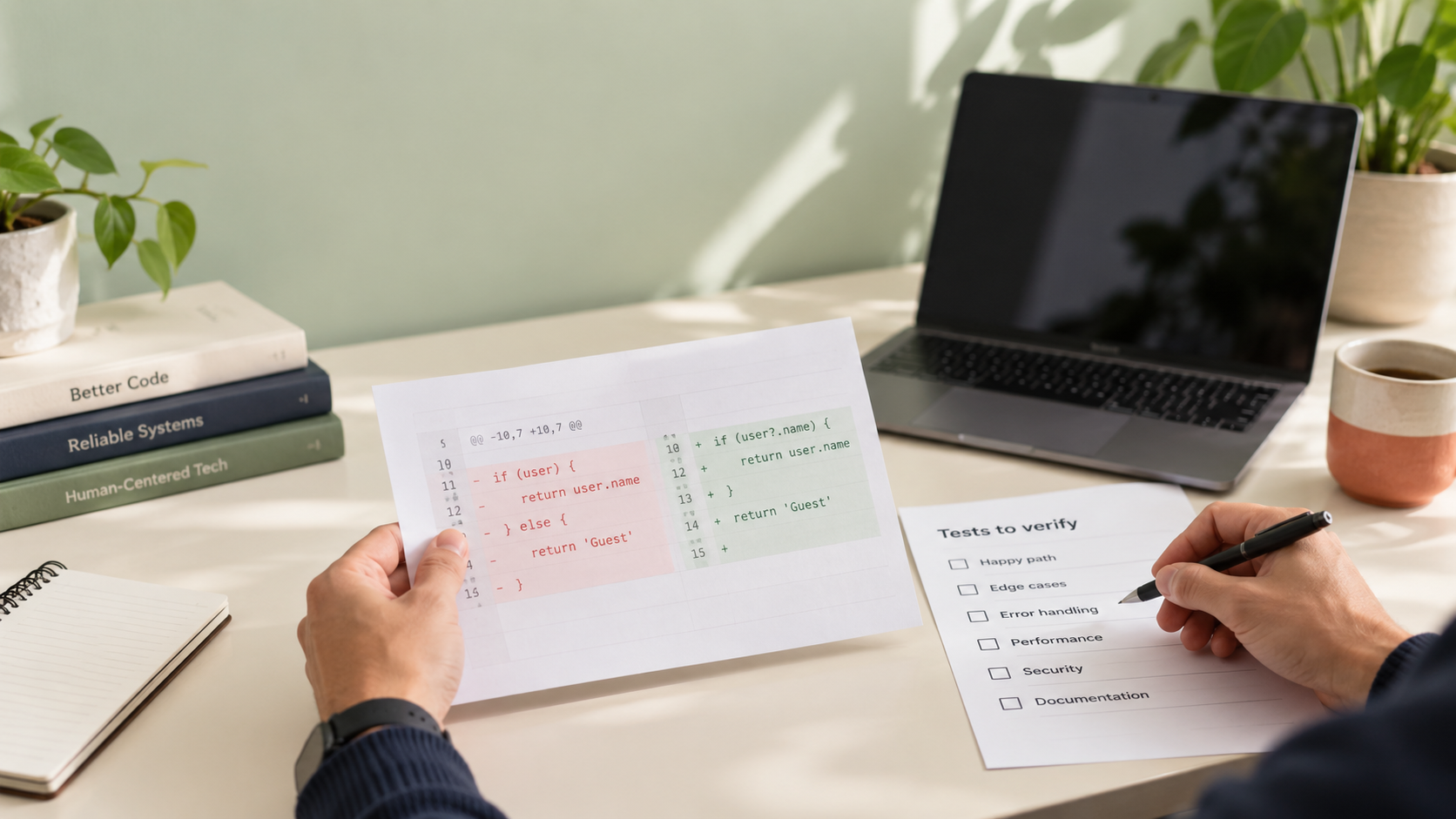 A developer compares a small code change with a test checklist at a bright, calm workspace.